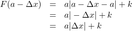 \[ \begin{array}{rcl} F(a - \Delta x) &=& a | a - \Delta x - a| + k\\ &=& a|-\Delta x| + k \\ &=& a|\Delta x| + k \end{array} \]