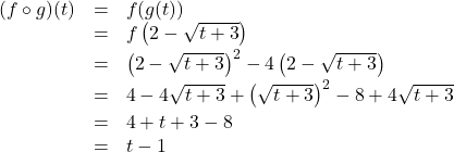 \[ \begin{array}{rcl} (f \circ g)(t) & = & f(g(t)) \\ &=& f\left(2-\sqrt{t+3}\right) \\ [2pt] & = & \left(2-\sqrt{t+3}\right)^2 - 4\left(2-\sqrt{t+3}\right) \\[2pt] & = & 4 - 4\sqrt{t+3} + \left(\sqrt{t+3}\right)^2 - 8 + 4 \sqrt{t+3} \\ [2pt] & = & 4 + t+3 - 8 \\ & = & t-1 \\ \end{array}\]