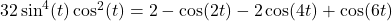 32\sin^{4}(t) \cos^{2}(t) = 2 - \cos(2t) - 2\cos(4t) + \cos(6t)