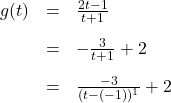 \[ \begin{array}{rcl} g(t) &=& \frac{2t-1}{t+1} \\[10pt] &=& - \frac{3}{t+1} + 2 \\[10pt] &=& \frac{-3}{(t-(-1))^{1}} + 2 \end{array} \]