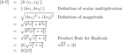 \[ \begin{array}{rcll} \| k \, \vec{v} \| & = & \| k \left< v_{1}, v_{2}\right> \| & \\ [3pt]& = & \| \left<kv_{1},kv_{2}\right>\| & \text{Definition of scalar multiplication} \\ [3pt]& = & \sqrt{\left(kv_{1}\right)^2 + \left(kv_{2}\right)^2} & \text{Definition of magnitude} \\ [3pt]& = & \sqrt{k^2v_{1}^2 + k^2v_{2}^2} & \\[3pt]& = & \sqrt{k^2(v_{1}^2+v_{2}^2)} & \\ [3pt] & = & \sqrt{k^2} \sqrt{v_{1}^2+v_{2}^2} & \text{Product Rule for Radicals} \\ [3pt]& = & |k| \sqrt{v_{1}^2+v_{2}^2} & \text{$\sqrt{k^2} = |k|$} \\& = & |k| \| \vec{v} \| & \\ \end{array} \]