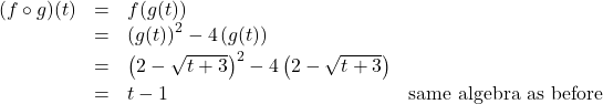 \[ \begin{array}{rclr} (f \circ g)(t) & = &  f(g(t)) & \\ &=& \left(g(t)\right)^2 - 4\left(g(t)\right) & \\ [2pt] & = & \left(2-\sqrt{t+3}\right)^2 - 4\left(2-\sqrt{t+3}\right) & \\[2pt] & = & t-1 & \text{same algebra as before} \\ \end{array} \]