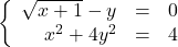 \left\{\begin{array}{rcr} \sqrt{x + 1} - y & = & 0 \\ x^{2} + 4y^{2} & = & 4 \\ \end{array} \right.