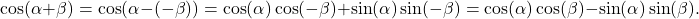 \[ \cos(\alpha + \beta) = \cos(\alpha - (-\beta)) = \cos(\alpha) \cos(-\beta) + \sin(\alpha) \sin(-\beta) = \cos(\alpha) \cos(\beta) - \sin(\alpha) \sin(\beta). \]