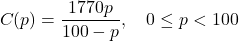 \[C(p) = \frac{1770p}{100 - p}, \quad 0 \leq p < 100 \]