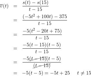 \[ \begin{array}{rclr} \overline{v}(t) & = & \dfrac{s(t) - s(15)}{t-15} \\[10pt] & = & \dfrac{(-5t^2+100t) - 375}{t - 15} \\[10pt] & = & \dfrac{-5(t^2-20t+75)}{t - 15} \\[10pt] & = & \dfrac{-5(t-15)(t-5)}{t-15} \\[10pt] & = & \dfrac{-5\cancel{(t-15)} (t-5)}{\cancel{(t-15)}} \\[10pt] & = & -5(t-5) = -5t + 25 & \; \; t \neq 15 \end{array} \]