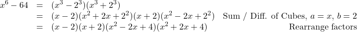 \[ \begin{array}{rclr} x^6 - 64 & = & (x^3 - 2^3)(x^3 + 2^3) & \\ & = & (x-2)(x^2+2x+2^2)(x+2)(x^2 - 2x + 2^2) & \text{Sum / Diff. of Cubes, $a = x$, $b = 2$} \\ & = & (x-2)(x+2)(x^2-2x+4)(x^2+2x+4) & \text{Rearrange factors} \\ \end{array} \]