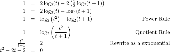 \[ \begin{array}{rclr} 1 & = & 2 \log_{2}(t) - 2 \left(\frac{1}{2} \log_{2}(t+1)\right) & \\ [2pt] 1 &= & 2\log_{2}(t) - \log_{2}(t+1) & \\ [2pt] 1 & = & \log_{2}\left(t^2\right) - \log_{2}(t+1) & \text{Power Rule} \\ [6pt] 1 & = & \log_{2}\left( \dfrac{t^{2}}{t+1}\right) & \text{Quotient Rule} \\ \frac{t^{2}}{t+1} & = & 2 & \text{Rewrite as a exponential} \\ t^2 -2t-2 & = & 0 & \\ \end{array}\]