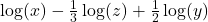 \log(x) - \frac{1}{3} \log(z) + \frac{1}{2} \log(y)