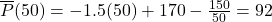 \overline{P}(50) = -1.5(50)+170 - \frac{150}{50} = 92