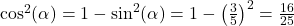 \cos^{2}(\alpha) = 1 - \sin^{2}(\alpha) = 1 - \left(\frac{3}{5}\right)^2 = \frac{16}{25}