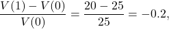 \[\frac{V(1) - V(0)}{V(0)} = \frac{20-25}{25} = -0.2,\]