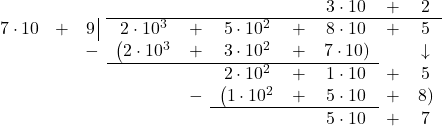 \[ \begin{array}{cccccccccc} & & & & & & & 3 \cdot 10 & + & 2 \\ \hhline{~~~|-------} 7 \cdot 10 & + & 9 \, \vline& 2\cdot 10^3 & + & 5 \cdot 10^2 & + & 8 \cdot 10 & + & 5 \\ & & -& \left(2 \cdot 10^3 \right. & + & 3 \cdot 10^2 & + & \left. 7 \cdot 10 \right) & & \downarrow \\ \hhline{~~~-----~~} & & & & & 2 \cdot 10^2 & + & 1 \cdot 10 & + & 5 \\ & & & & - & \left(1 \cdot 10^2 \right. & + & 5 \cdot 10 & + &\left. 8 \right) \\ \hhline{~~~~~---~~} & & & & & & & 5 \cdot 10 & + & 7 \\ \end{array}\]