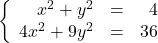 \left\{\begin{array}{rcr} x^2 +y^2 & = & 4 \\ 4x^2+9y^2 & = & 36 \\ \end{array} \right.