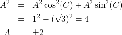 \[ \begin{array}{rcl} A^2 &=& A^2\cos^{2}(C) + A^2\sin^{2}(C) \\[4pt] &=& 1^2 + (\sqrt{3})^2 = 4 \\[4pt] A &=& \pm 2 \end{array} \]