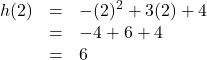 \[ \begin{array}{rcl} h(2) &=& -(2)^2 + 3(2) + 4 \\ &=& -4 + 6 + 4 \\ &=& 6 \\ \end{array} \]