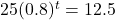 25(0.8)^t = 12.5