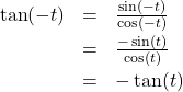 \[ \begin{array}{rcl} \tan(-t) &=& \frac{\sin(-t)}{\cos(-t)} \\[4pt] &=& \frac{-\sin(t)}{\cos(t)} \\[4pt] &=& -\tan(t) \end{array} \]