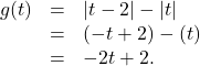 \[ \begin{array}{rcl} g(t) &=& |t-2| - |t| \\ &=& (-t+2) - (t) \\ &=& -2t + 2. \end{array} \]