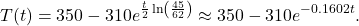 \[T(t) = 350 - 310 e^{\frac{t}{2} \ln \left( \frac{45}{62} \right)} \approx 350- 310 e^{-0.1602 t}.\]