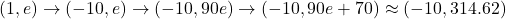 (1,e) \rightarrow (-10, e) \rightarrow (-10, 90e) \rightarrow (-10, 90e+70) \approx (-10, 314.62)