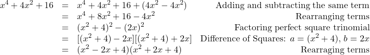 \[ \begin{array}{rclr} x^4 + 4x^2 + 16 & = & x^4 + 4x^2 + 16 + (4x^2 - 4x^2) & \text{Adding and subtracting the same term} \\ & = & x^4 + 8x^2 + 16 - 4x^2 & \text{Rearranging terms} \\ & = & (x^2 + 4)^2 - (2x)^2 & \text{Factoring perfect square trinomial} \\ & = & [(x^2 +4) - 2x][ (x^2 + 4) + 2x] & \text{Difference of Squares: $a= (x^2 + 4)$, $b = 2x$}\\ & = & (x^2 - 2x + 4)(x^2 + 2x + 4) & \text{Rearraging terms} \\ \end{array}\]