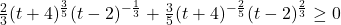 \frac{2}{3}(t + 4)^{\frac{3}{5}}(t - 2)^{-\frac{1}{3}} + \frac{3}{5}(t + 4)^{-\frac{2}{5}}(t - 2)^{\frac{2}{3}} \geq 0