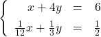 \left\{ \begin{array}{rcr} x+4y & = & 6 \\ [5pt] \frac{1}{12}x+\frac{1}{3}y& = & \frac{1}{2} \end{array} \right.