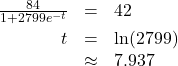 \[ \begin{array}{rcl} \frac{84}{1+2799e^{-t}} &=& 42 \\[4pt] t &=& \ln(2799) \\ &\approx& 7.937 \end{array} \]