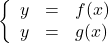 \[ \left\{ \begin{array}{rcl} y & = & f(x) \\ y & = & g(x) \\ \end{array} \right.\]