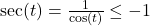 \sec(t) = \frac{1}{\cos(t)} \leq -1