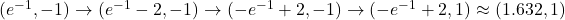 (e^{-1}, -1) \rightarrow (e^{-1}-2, -1) \rightarrow (-e^{-1}+2, -1) \rightarrow (- e^{-1}+2, 1) \approx ( 1.632, 1)