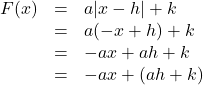 \[ \begin{array}{rcl} F(x) &=& a|x - h| + k \\ &=& a(-x + h) + k \\ &=& -ax + ah + k \\ &=& -ax + (ah + k) \end{array} \]