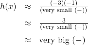 \[ \begin{array}{rcl} h(x) &\approx & \frac{(-3)(-1)}{(\text{\scriptsize very small } (-))} \\[8pt] &\approx & \frac{3}{(\text{\scriptsize very small } (-))} \\[8pt] &\approx & \text{very big } (-) \end{array}\]