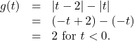 \[ \begin{array}{rcl} g(t) &=& |t - 2| - |t| \\ &=& (-t + 2) - (-t) \\ &=& 2 \text{ for } t < 0. \end{array} \]