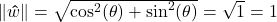 \| \bm\hat{w} \| = \sqrt{\cos^{2}(\theta) + \sin^{2}(\theta)} = \sqrt{1} = 1