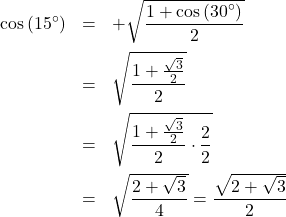 \[ \begin{array}{rcl} \cos\left(15^{\circ}\right) & = & + \sqrt{\dfrac{1+\cos\left(30^{\circ}\right)}{2}} \\[10pt] &=& \sqrt{\dfrac{1+\frac{\sqrt{3}}{2}}{2}}\\ [10pt] & = & \sqrt{\dfrac{1+\frac{\sqrt{3}}{2}}{2}\cdot \dfrac{2}{2}} \\[10pt] &=& \sqrt{\dfrac{2+\sqrt{3}}{4}} = \dfrac{\sqrt{2+\sqrt{3}}}{2} \end{array}\]