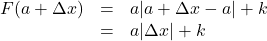 \[\begin{array}{rcl} F(a + \Delta x) &=& a| a + \Delta x - a| + k\\ &=& a |\Delta x| + k \end{array}\]