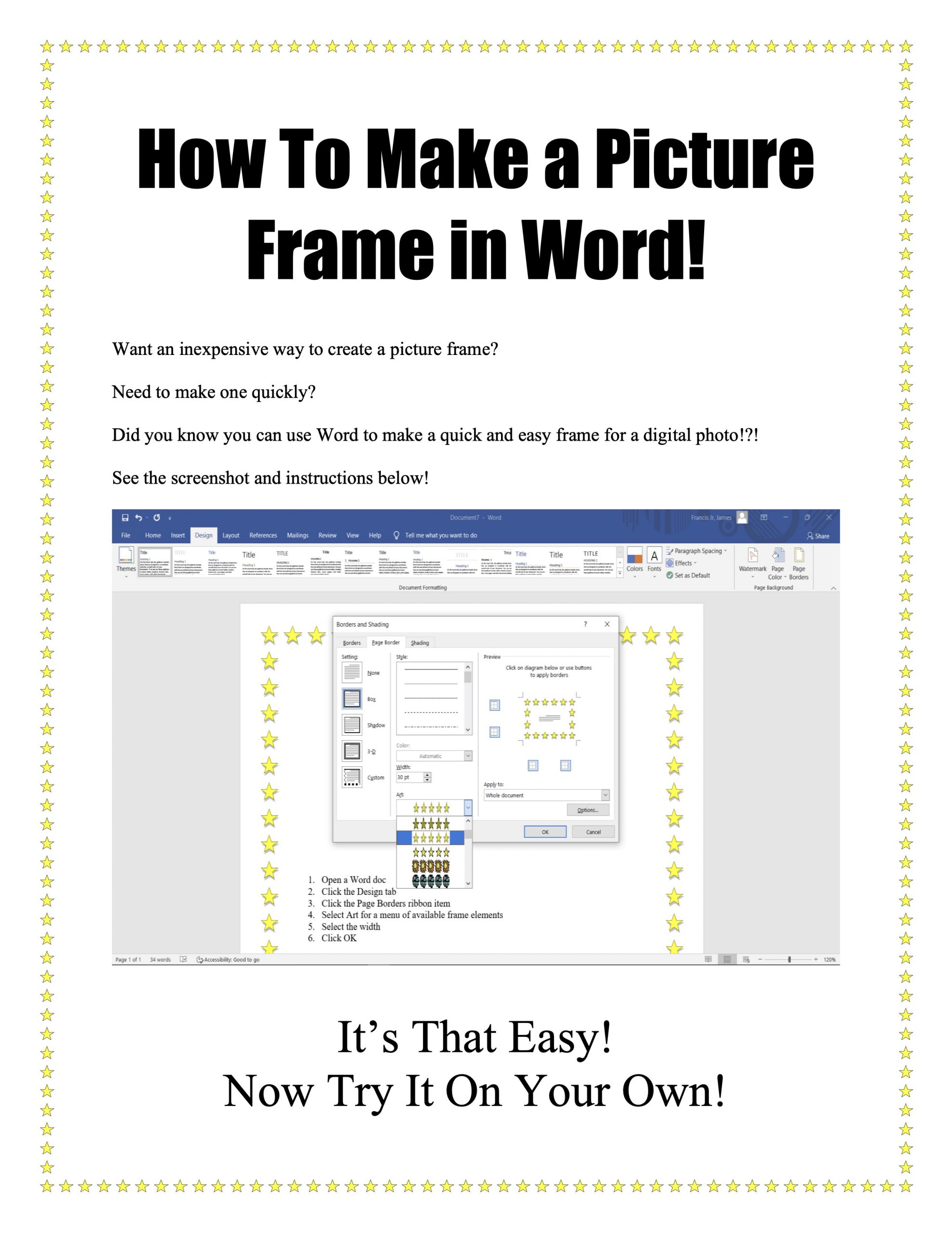 Sample student handout for how to make a picture frame using a Word document. The image demonstrates how to achieve visual appeal through variation in font size and color, as well as by including a graphic. In this case, the graphic within this graphic is a screen shot of the Microsoft Word dialog box for borders and shading.