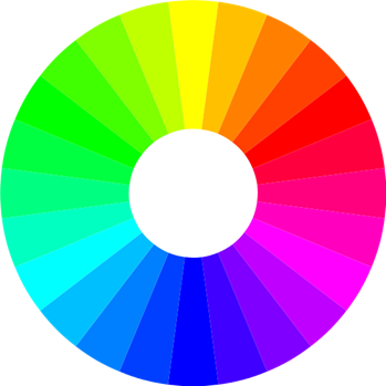This figure shows a circular graphic divided into many pie-shaped sections. Each section is a different color, and the sections are arranged according to color-theory best practices that emphasize contrasting colors that coordinate well. People who use screen readers, but who are communicating with a sighted audience, can still use color theory by memorizing which colors contrast well and which do not. Then, we can select elements in our documents and apply the color selections accordingly. For example, we can learn to avoid a very light yellow foreground setting on a white background because of poor contrast, even if we have never seen these colors ourselves.