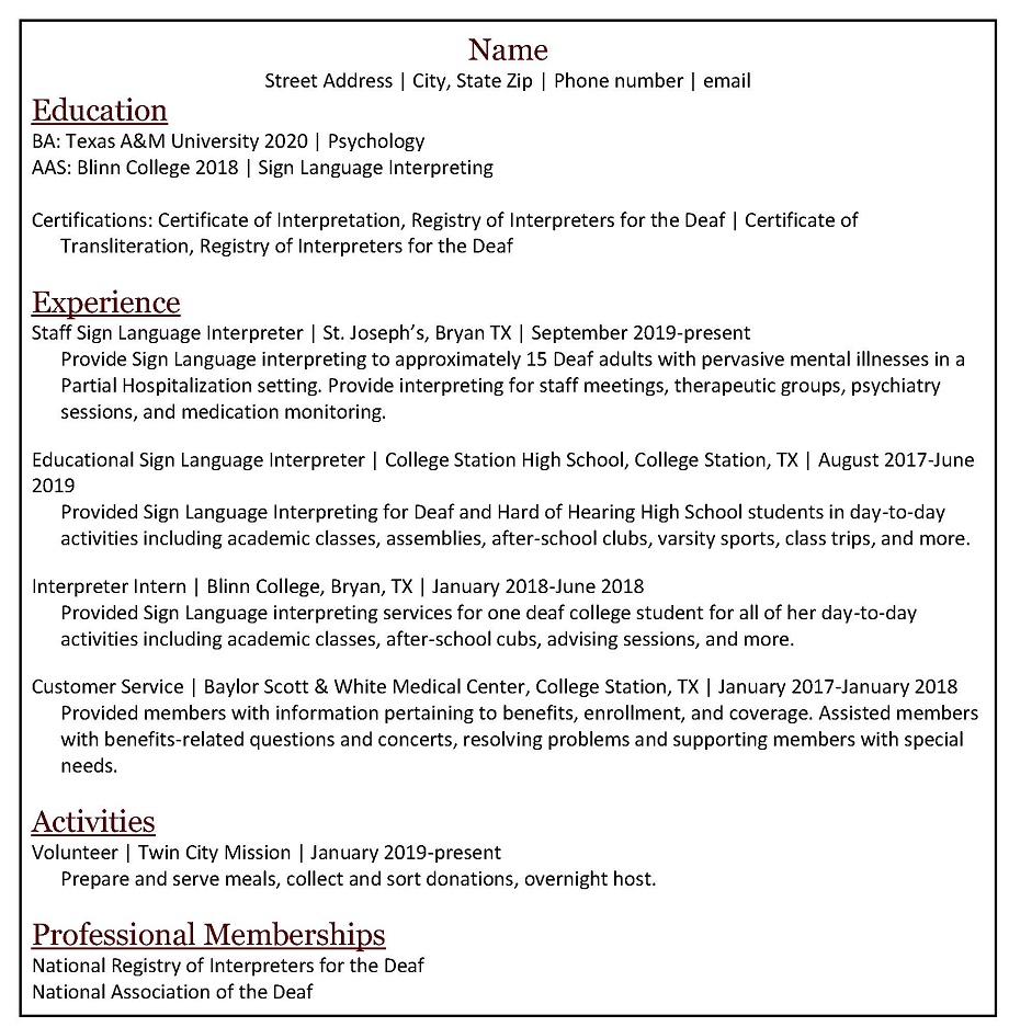 This image shows an example of a chronological resume as it should appear on the page. Click the link at the end of the caption for an accessible PDF of this information.