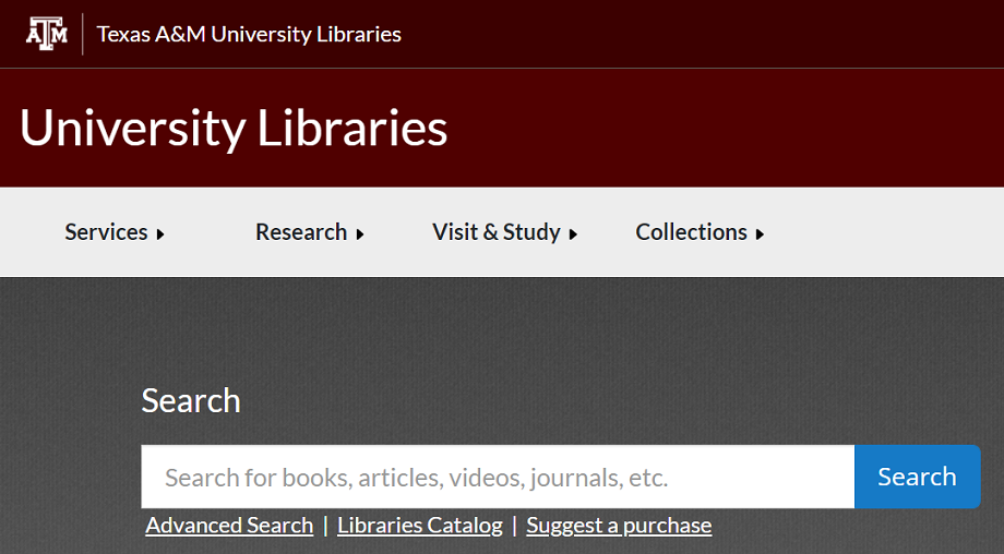 This image is a screenshot of the Texas A&M University's library's landing page and the Quick Search bar.