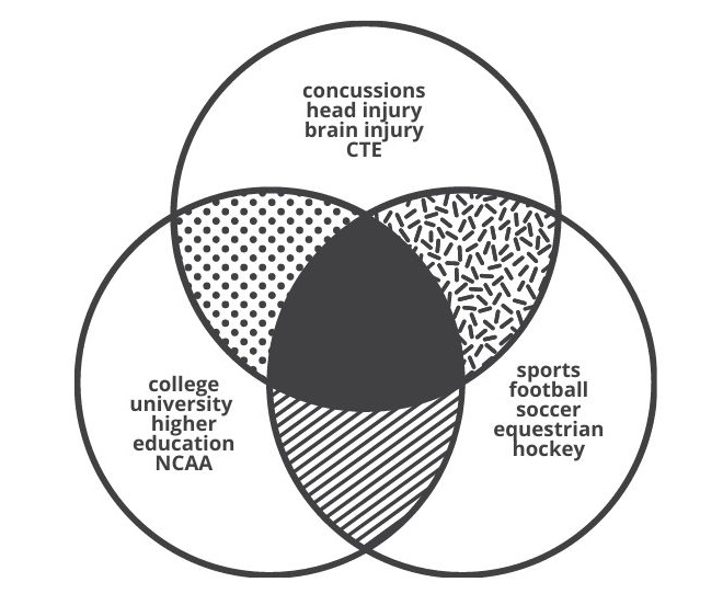 This image shows a Venn diagram of three intersecting circles. Each circle represents a different disciplinary aspect of the research topic of concussions and college sports. One circle represents concussions/head injuries, another represents higher education and the third represents sports. The point of the diagram is to show how sources from disciplines can be mined and brought together to inform on one specific topic.