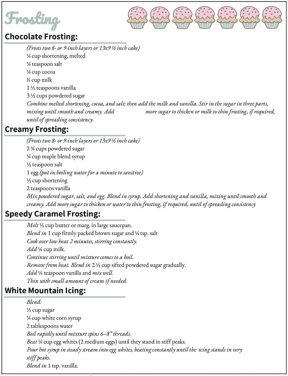 This image shows yet another version of the cupcake frosting recipe that we have seen as an example throughout this chapter. This version uses even more document design elements, including indentation, underlining, and multiple decorative cupcake images, to further entice an audience to read. Please click the link at the end of the caption for an accessible PDF of this information.