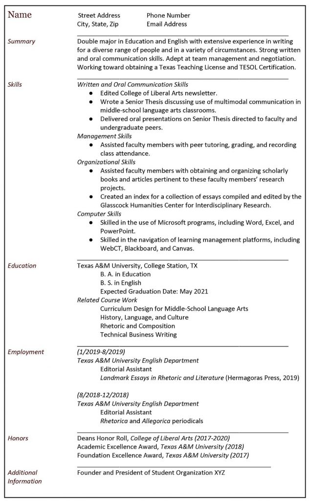 This image shows an example of a skills resume as it should appear on the page. Click the link at the end of the caption for an accessible PDF of this information.