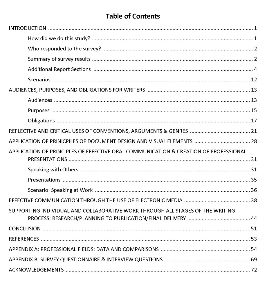 This image shows how to format the Table of Contents of a technical report. Please click the link at the end of the caption for an accessible version of this information.