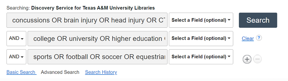 This image is a partial screenshot of the Texas A&M University Libraries' Advanced Search feature. It provides examples of how to use the Boolean delimiters "AND" and "OR" to broaden or refine library research search results. The takeaway of this image is to use "OR" to expand a search, as it will essentially double your keywords. Use "AND" to narrow a search in that doing so will tell the search engine to narrow results to those containing both or multiple terms.