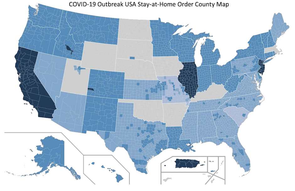 This image shows a map of the United States. States and counties are shaded different colors of blue to indicate when stay-at-home orders for COVID-19 came into effect in those locations. However, this graphic lacks a legend, rendering any reader unable to interpret the data.