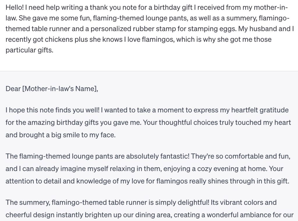 An example of an individual using ChatGPT to “mine the collective” in order to find the “right words” for a thank you note. A screen-readable Word version of the prompt and response is located in full text.