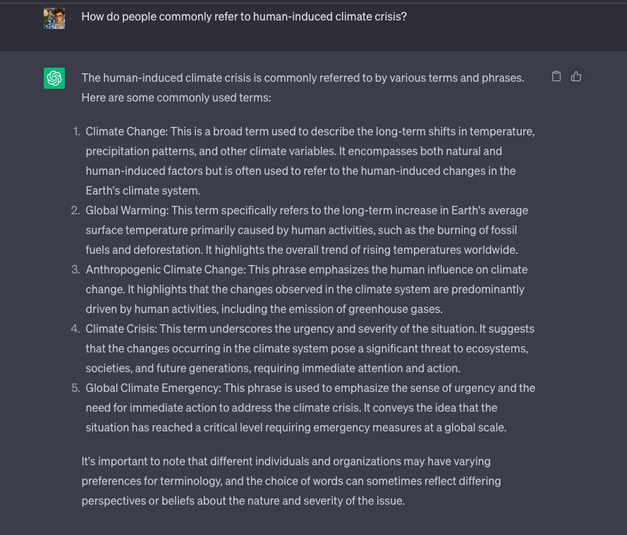 ChatGPT generated terms used to describe human-induced climate crisis